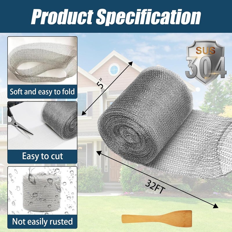 Moyios Wire Mesh for Mice Control 5"100FT, Stainless Steel Gap Blocker, Hole Fill Fabric, Double Layer Metal Roll, Flexible & Stretchy for Garden House and DIY (Sliver) - Image 2